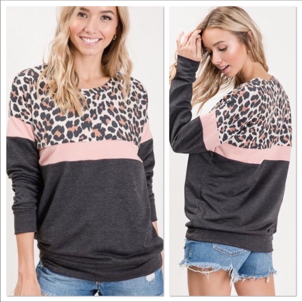 Charcoal Blush & Leopard Print Sweatshirt